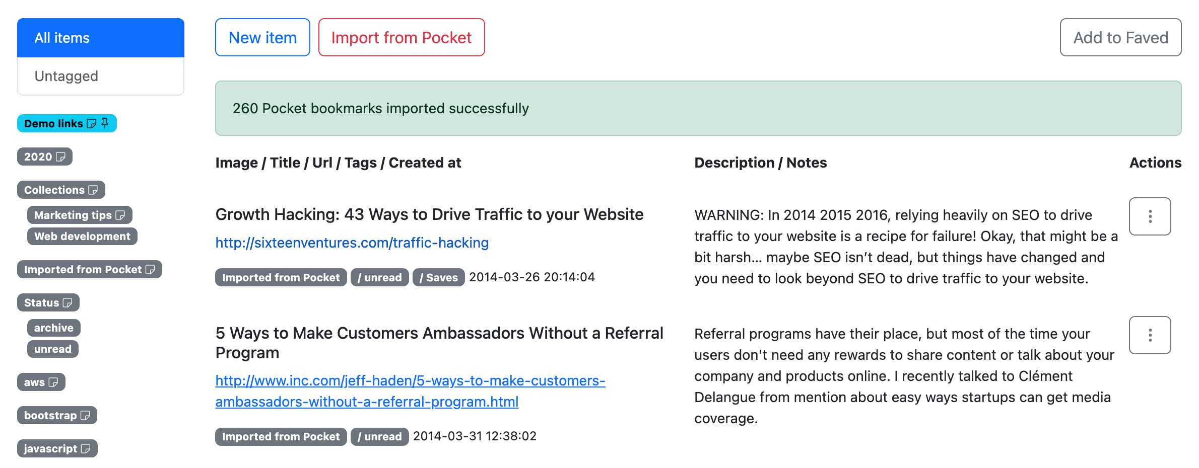 Import from Pocket success message