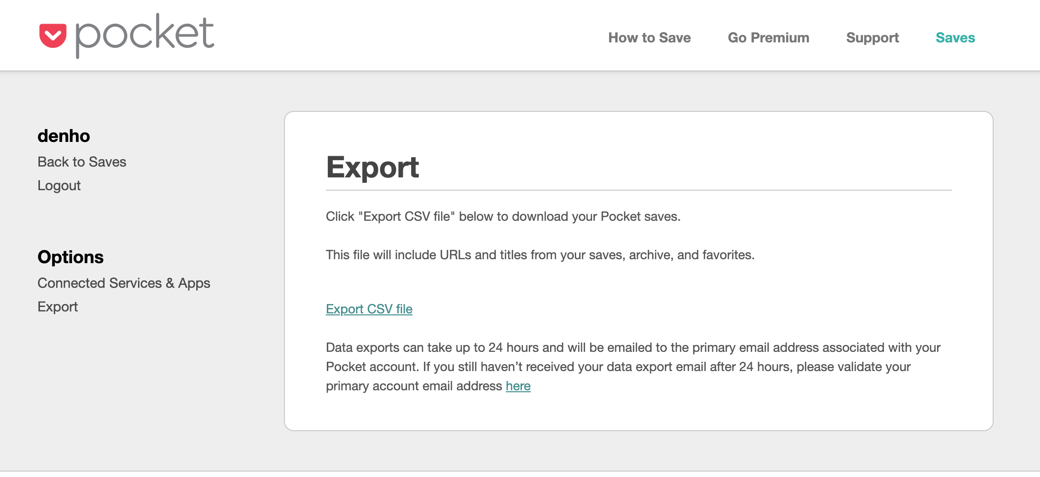 Pocket export page